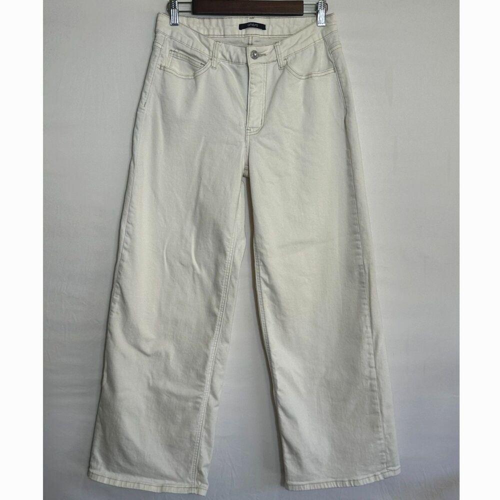 Oneso Women's Wide Leg Mid Rise Ecru Jeans With Contrasting Stitching Size 30
